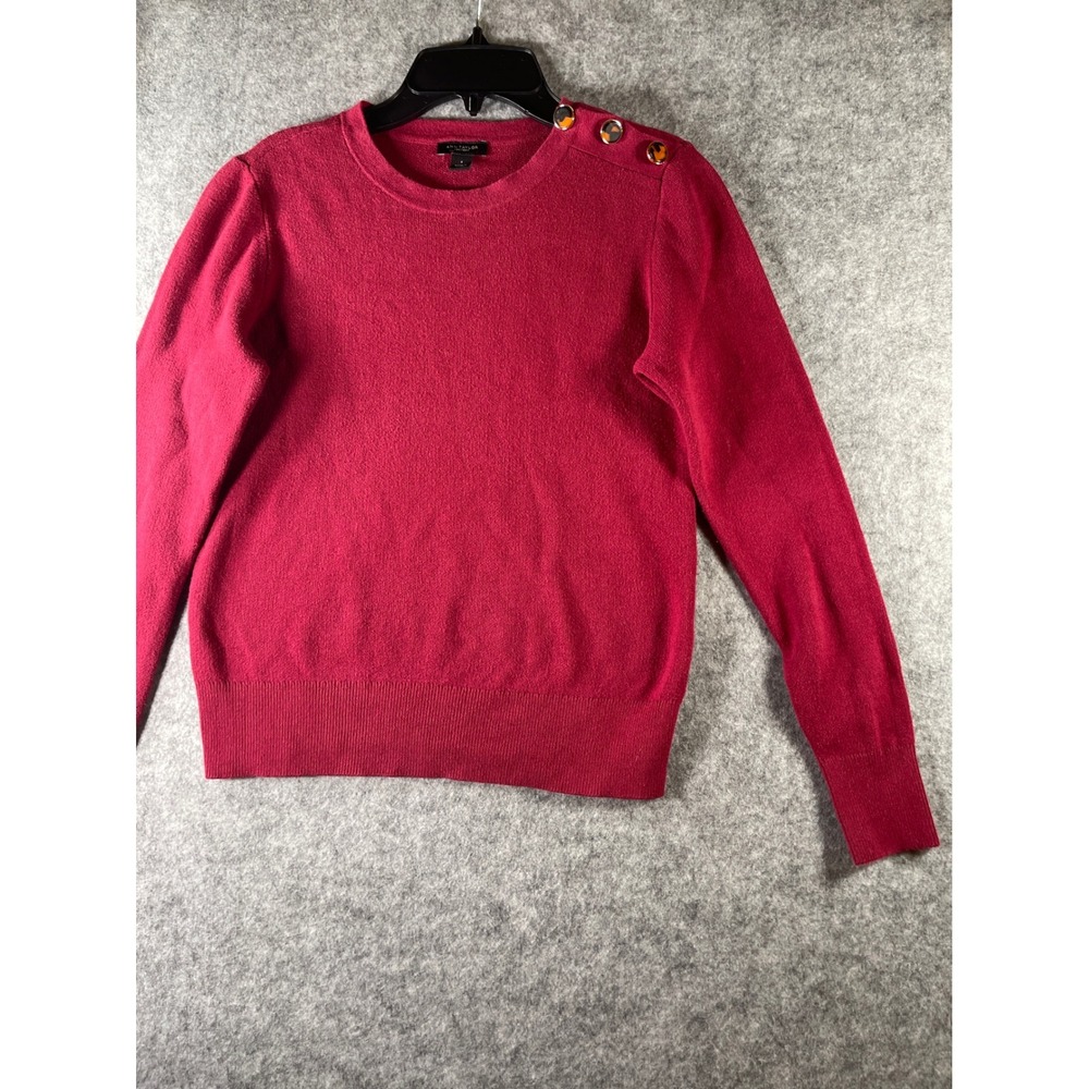 Ann Taylor Factory Womens Berry Pink Button Shoulder Crew Neck Sweater Size S